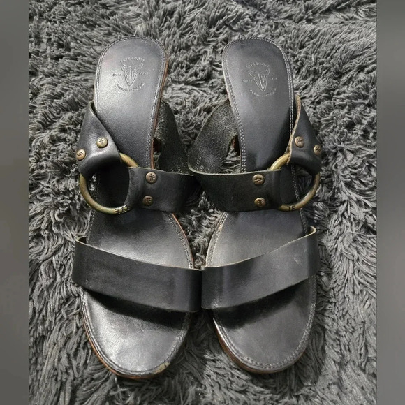 Frye | Black Leather Sophie Ring Slide Sandals Sz 8.5 - Picture 1 of 9